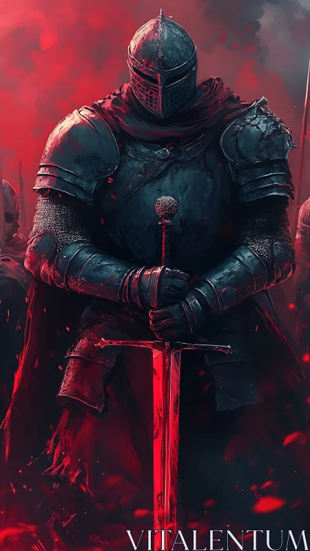 Armored knight rendered in high-contrast red-black palette stands poised