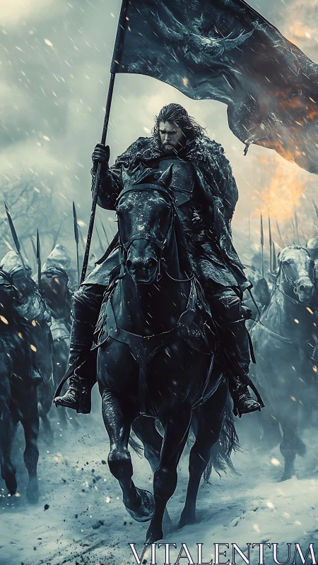 Armored warlord on black warhorse charging through blizzard