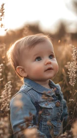 Young Child in Field with Dried Vegetation.