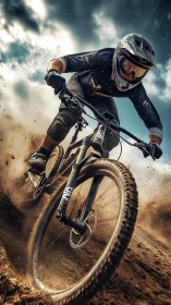 Mountain Biker Conquers Dusty Trail Through Storm Clouds.