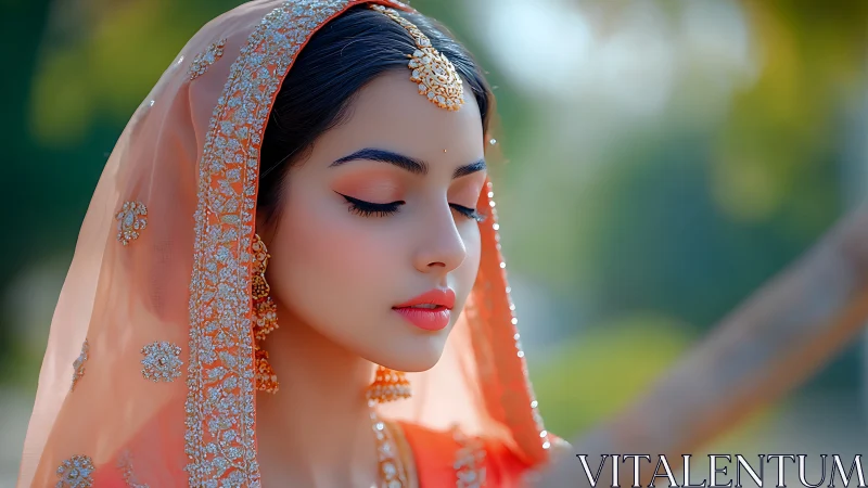 Serene bride in ornate peach veil with gold accessories.