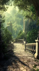 Sunlit stone bridge curves through overgrown forest ruins