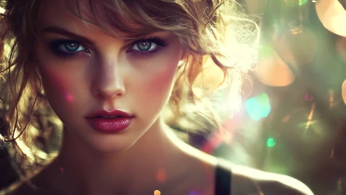 Vivid portrait of intense blue-eyed woman in glowing bokeh light.