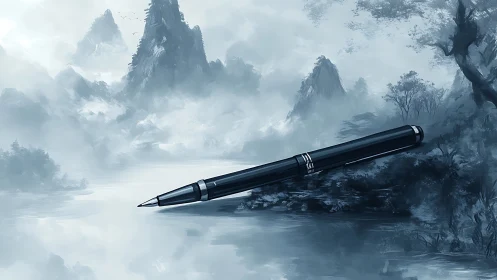 Technical rollerball pen floating over misty ink mountainscape