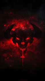 Horned infernal skull ignites a bloodred cosmic void.
