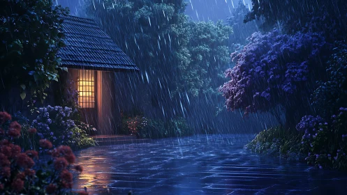 Rainfall over garden path beside illuminated wooden house.