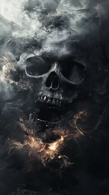 Burning smoke skull emerging from dark void in flame storm.