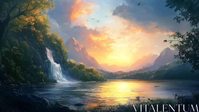 Sunlit alpine lake with cascading waterfall in digital painting