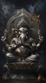 High-detail metallic Ganesha sculpture with dynamic volumetric smoke