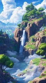 Cloud-tipped cliffs cradle a bright waterfall of wandering mist