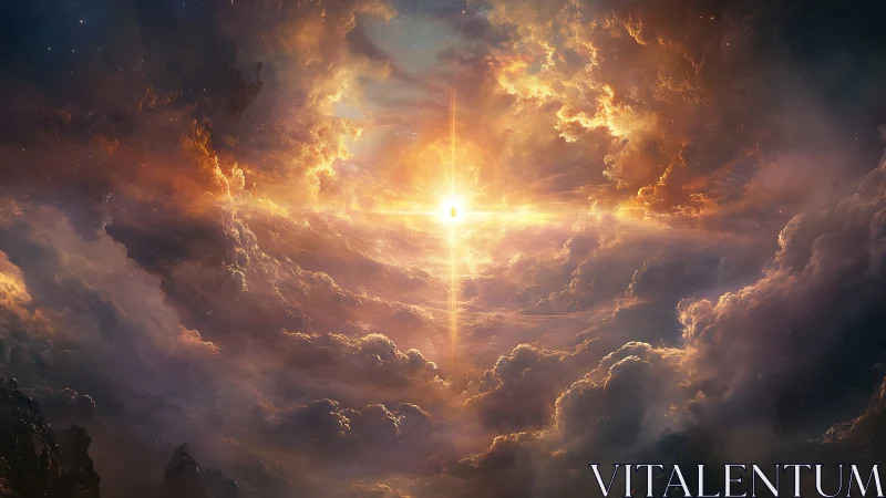 Celestial cross-shaped light burst in luminous storm clouds.