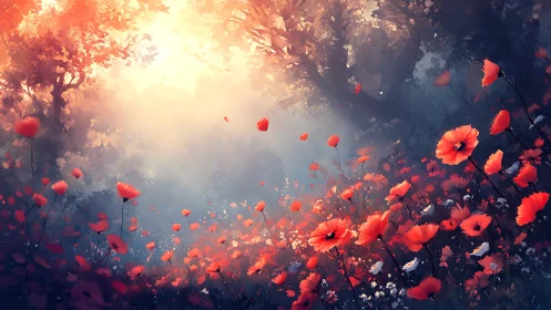 Red poppies and wildflowers in luminous dawn light field.