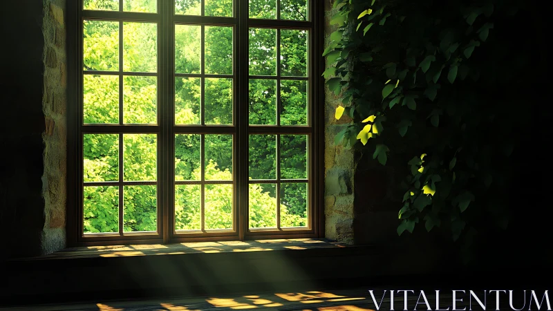 Transmitted daylight through mullioned stone window aperture.