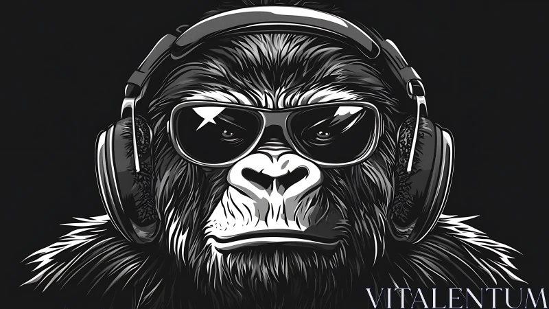 Monochrome gorilla portrait with headphones and sunglasses.