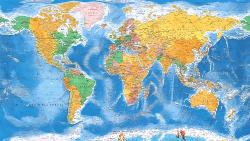 Political world map with countries, borders, and oceans.