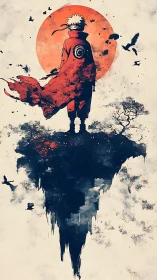 Lone anime warrior confronts a burning red sun in silence