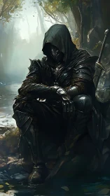 Hooded dark knight rests by a misty forest stream in silence.