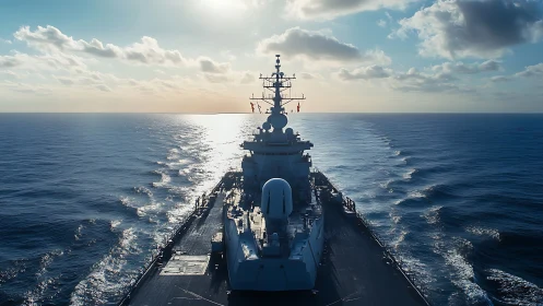 Modern naval warship underway, bow wake trails in backlit seas