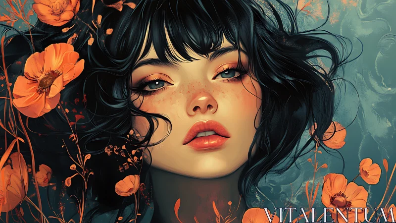 Freckled muse adrift in teal tides and ember-bright blooms.