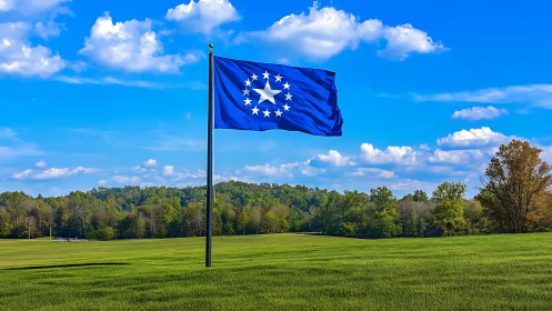Blue flag with central star circle flies over open grassy field