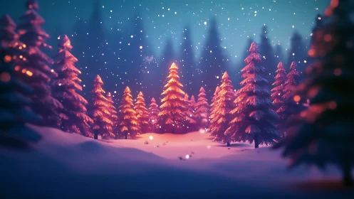 Snowy fir forest glows with soft twilight and warm lights.