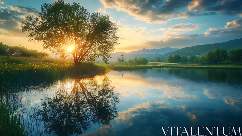 Golden lakeside sunset wrapping a quiet tree in soft light.