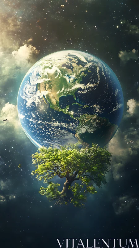 Earth in space with lone green tree growing beneath it.