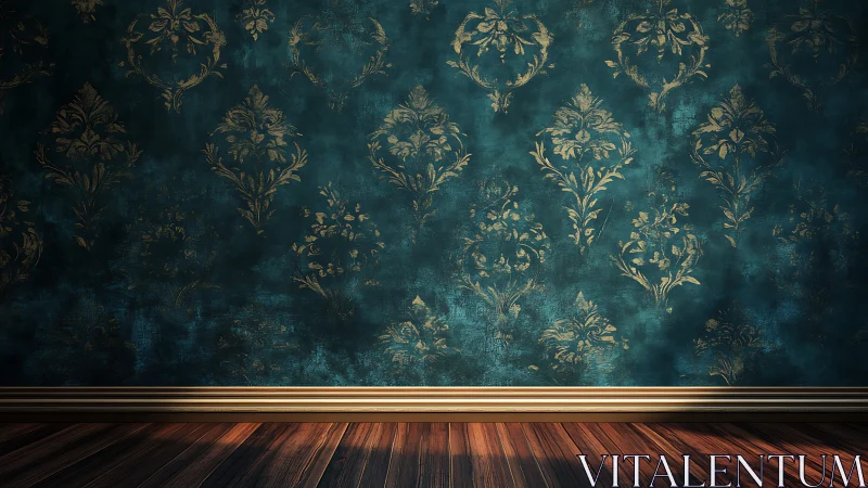 Moody teal wallpaper and wood floor in a cozy empty room.