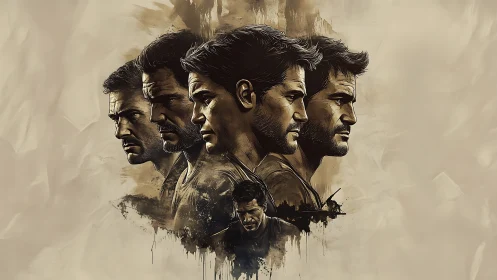 Multiple male portraits in layered digital illustration study.