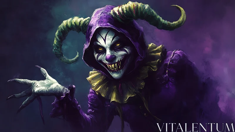 Demonic horned jester portrait with chromatic chiaroscuro rendering.