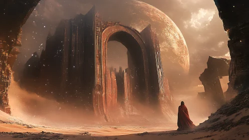 Wanderer in crimson before a colossal desert gateway.