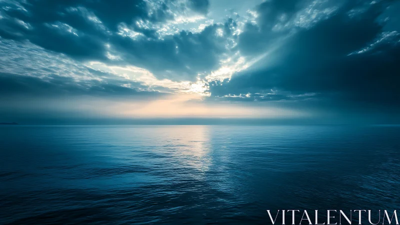 Stormlit ocean horizon under radiant cyan sunrise glow.