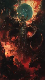 Towering hellscape with demonic fortress under burning sky.