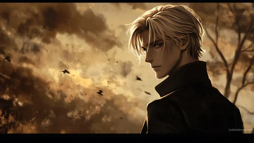 Brooding blond male silhouette against high-contrast storm sky