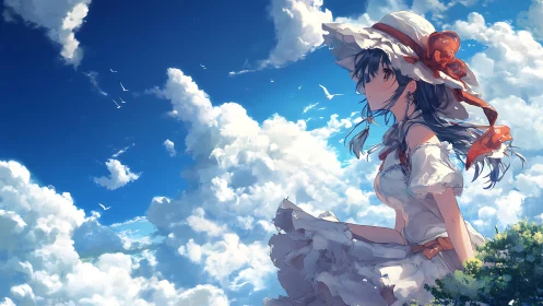Girl in white dress gazes toward deep blue summer sky