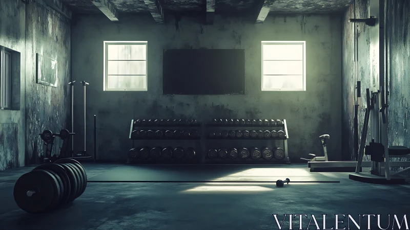 Dimly lit industrial gym with weights and machines.