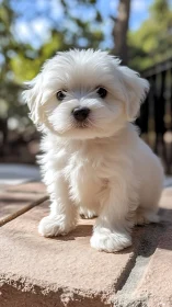 Fluffy white puppy soaking up sunshine on garden steps.