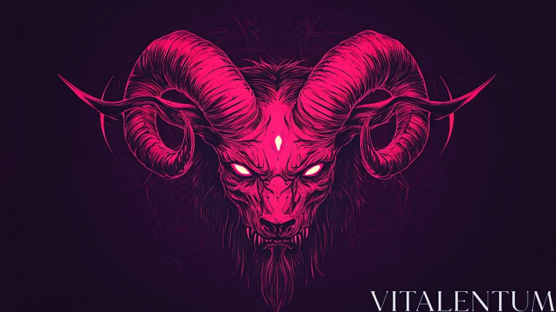Neon demonic ram portrait with glowing sigil and horns.