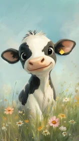 Digital portrait of Holstein calf in wildflower meadow, daylight
