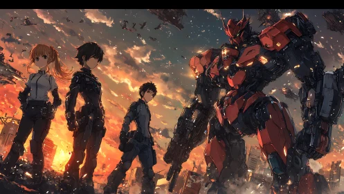 Mecha squad stands defiant in a burning futuristic skyline.