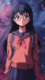 Anime schoolgirl with glasses against abstract night sky.