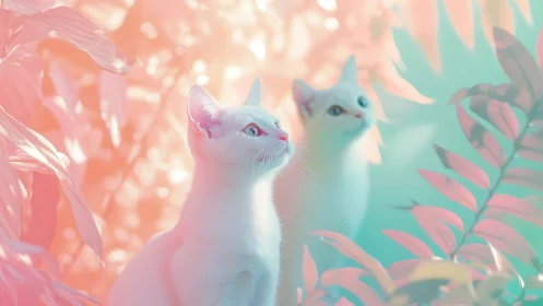 Luminous Felines Contemplate Tropical Dreamscapes Bathed in Pastel Radiance