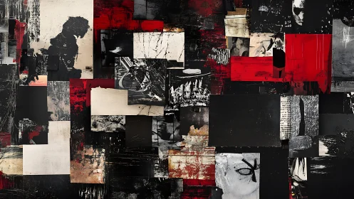 Collaged urban abstraction with red, black and distressed textures.