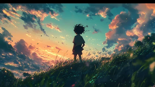 Silhouetted child stands on grassy hill under vivid sunset sky