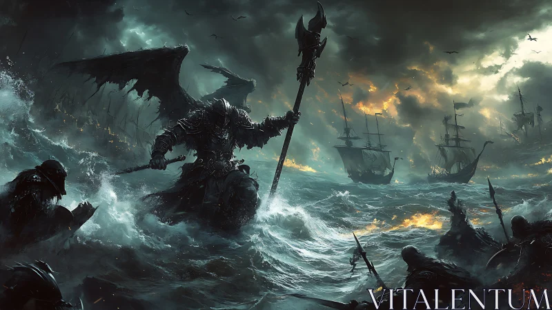 Winged armored giant in stormy sea with burning warships.