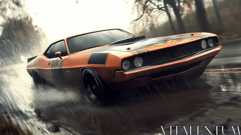 Orange muscle car cornering on wet forest road in rain.
