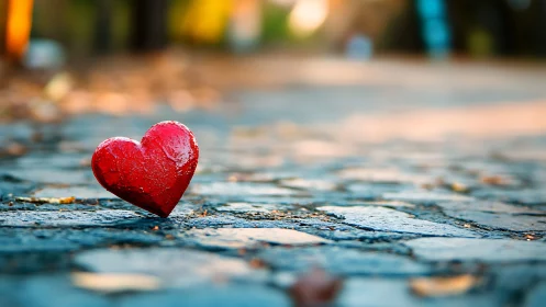 Red heart rests on wet urban cobblestone.