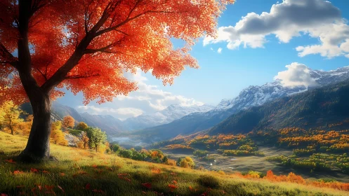 Glowing autumn valley beneath a peaceful crimson maple tree.