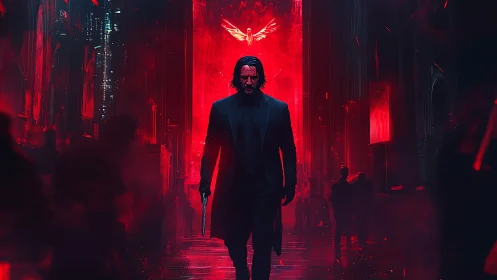 Stoic gunman strides through neon-red cathedral corridor.