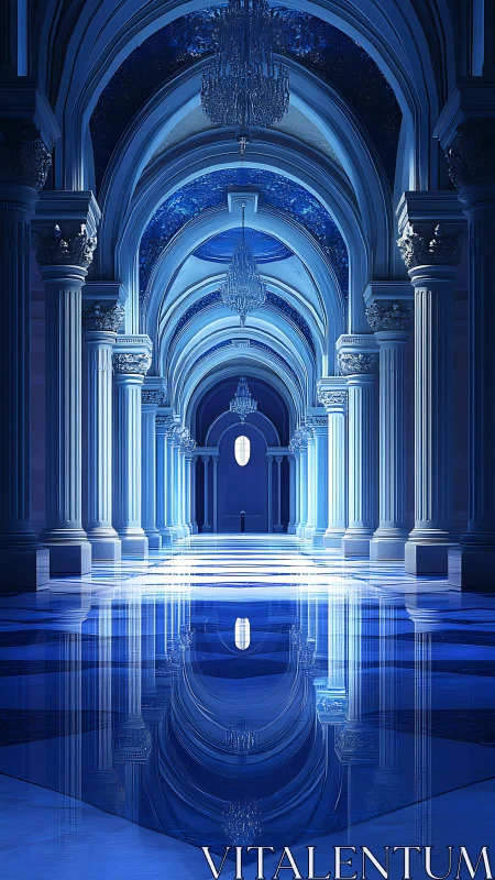 Midnight colonnade reflected in luminous sapphire hallways.
